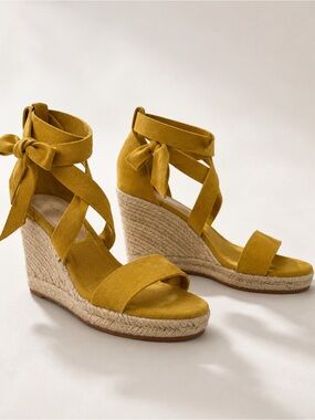 #67 Aldo Mustard Espadrille Wedge Sandals with Ankle Wrap